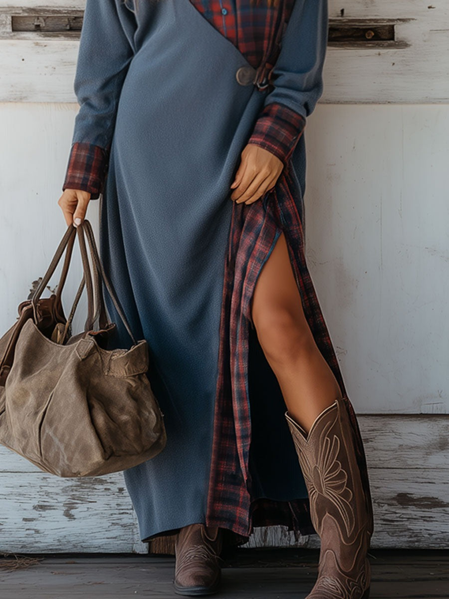 Western Retro Red Plaid Splicing Blue Sweatshirt Maxi Dress