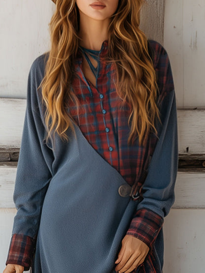 Western Retro Red Plaid Splicing Blue Sweatshirt Maxi Dress