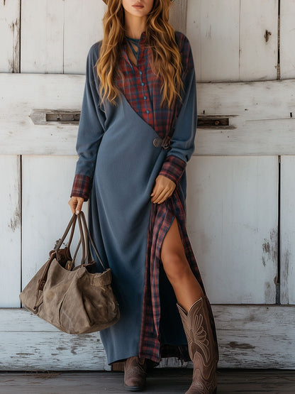 Western Retro Red Plaid Splicing Blue Sweatshirt Maxi Dress