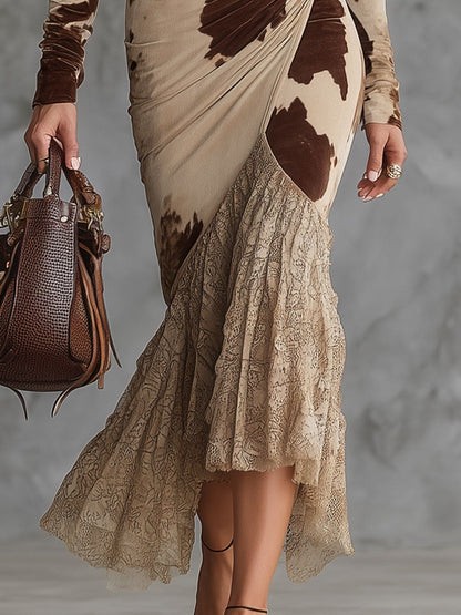 Fashion Retro Light Brown Contrast Brown Cow Pattern Velvet Spliced Lace Midi Dress