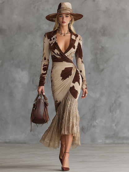Fashion Retro Light Brown Contrast Brown Cow Pattern Velvet Spliced Lace Midi Dress