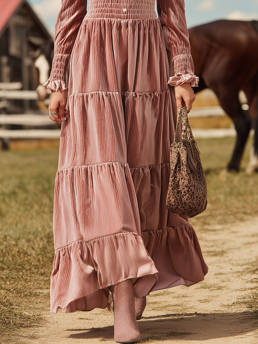 Elegant Western-style Square Neckline And Ruffled Hem Pink Velvet Maxi Dress
