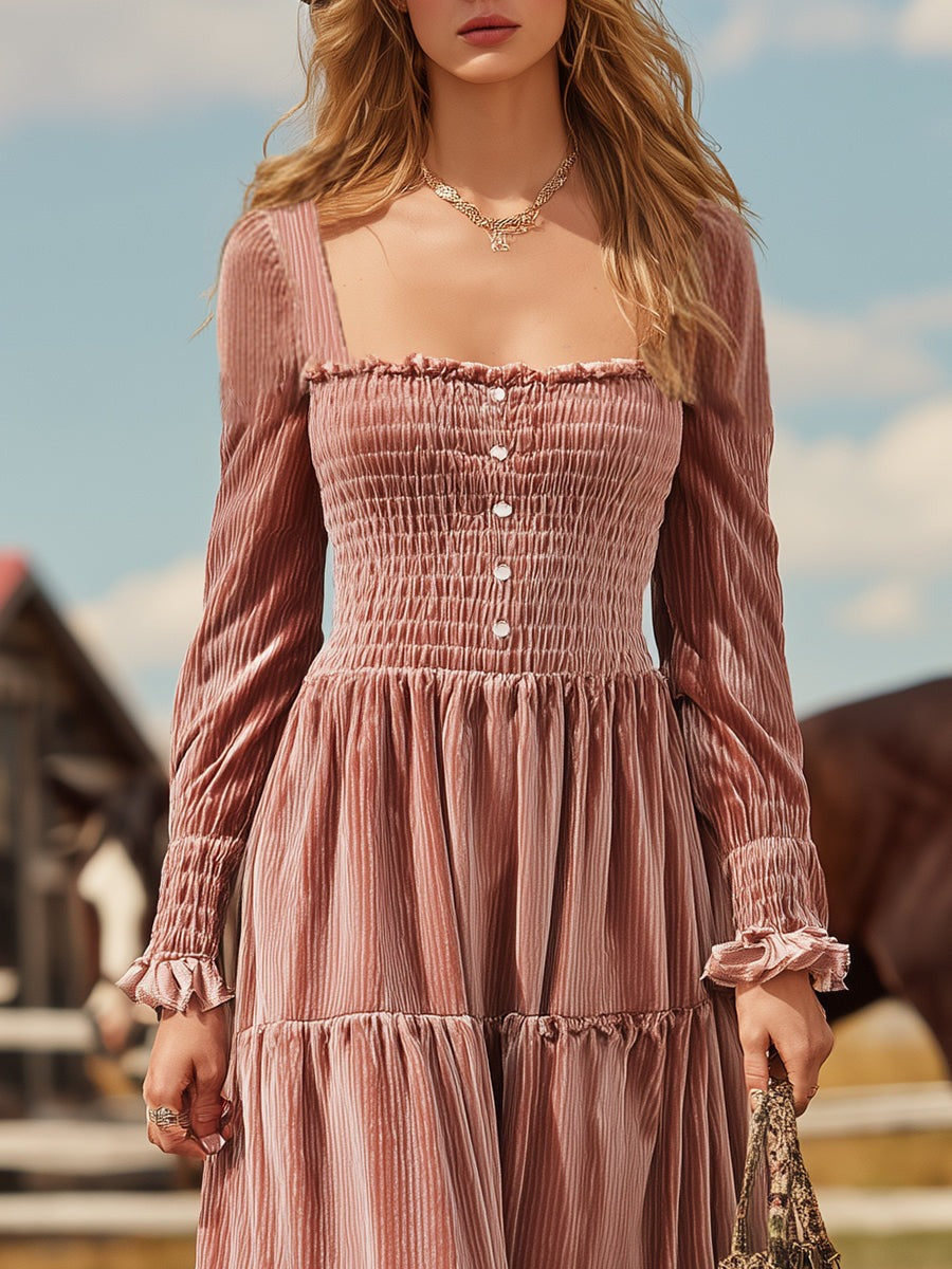 Elegant Western-style Square Neckline And Ruffled Hem Pink Velvet Maxi Dress