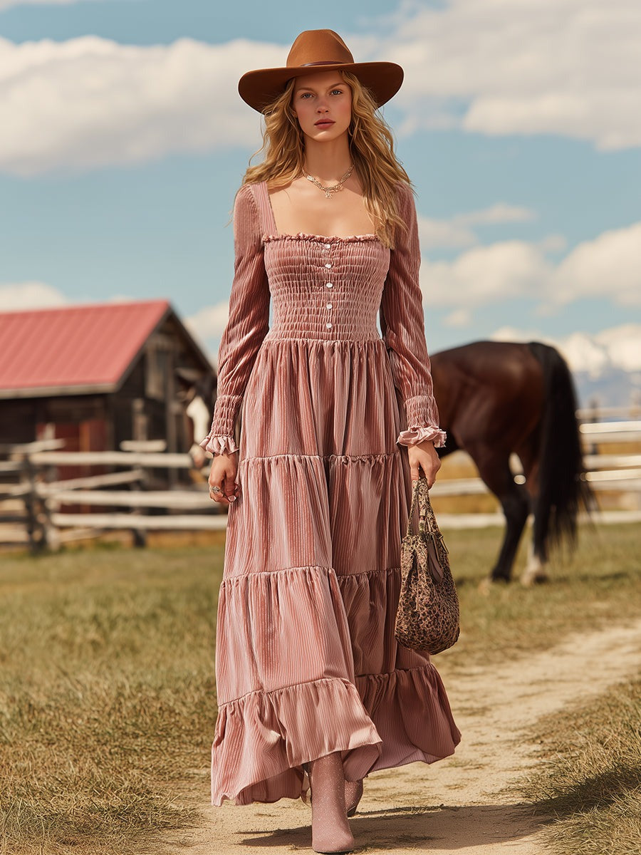 Elegant Western-style Square Neckline And Ruffled Hem Pink Velvet Maxi Dress