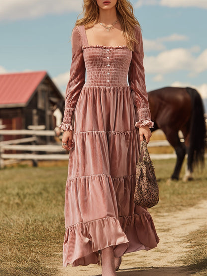 Elegant Western-style Square Neckline And Ruffled Hem Pink Velvet Maxi Dress
