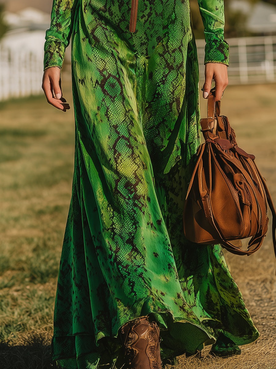 Retro Western-style Snakeskin Print Green Velvet Maxi Dress