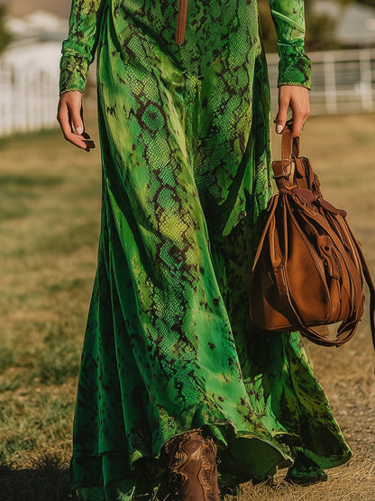 Retro Western-style Snakeskin Print Green Velvet Maxi Dress