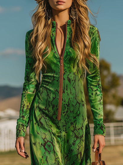 Retro Western-style Snakeskin Print Green Velvet Maxi Dress