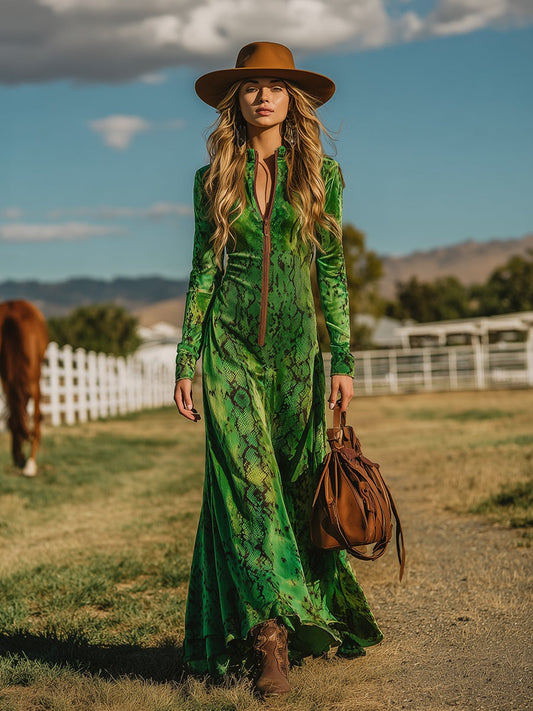 Retro Western-style Snakeskin Print Green Velvet Maxi Dress