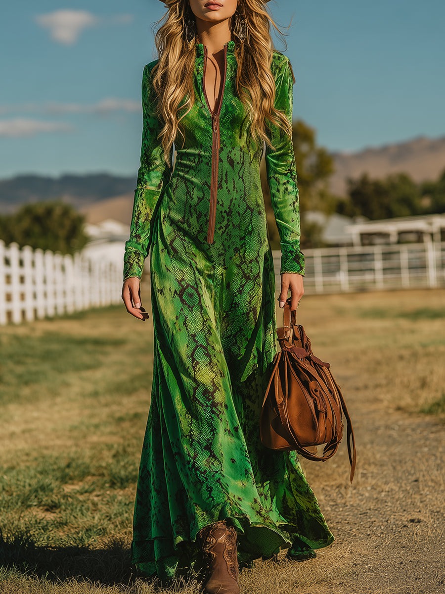 Retro Western-style Snakeskin Print Green Velvet Maxi Dress