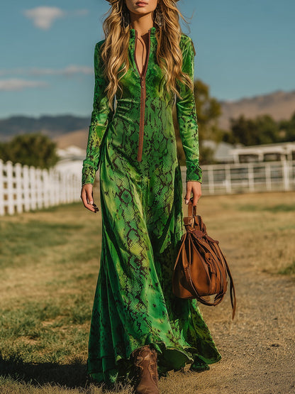 Retro Western-style Snakeskin Print Green Velvet Maxi Dress