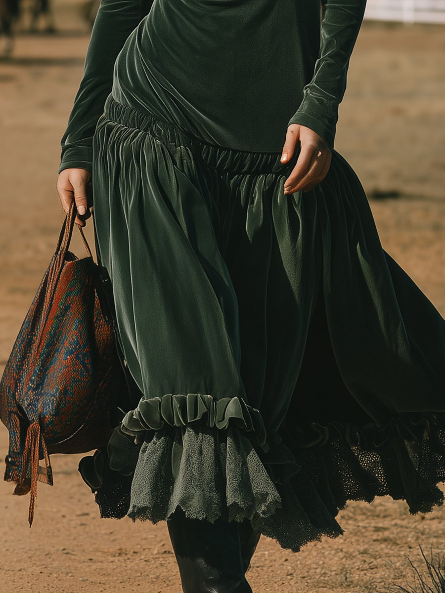 Romantic Western Ruffled High-Neck Green Velvet Maxi Dress