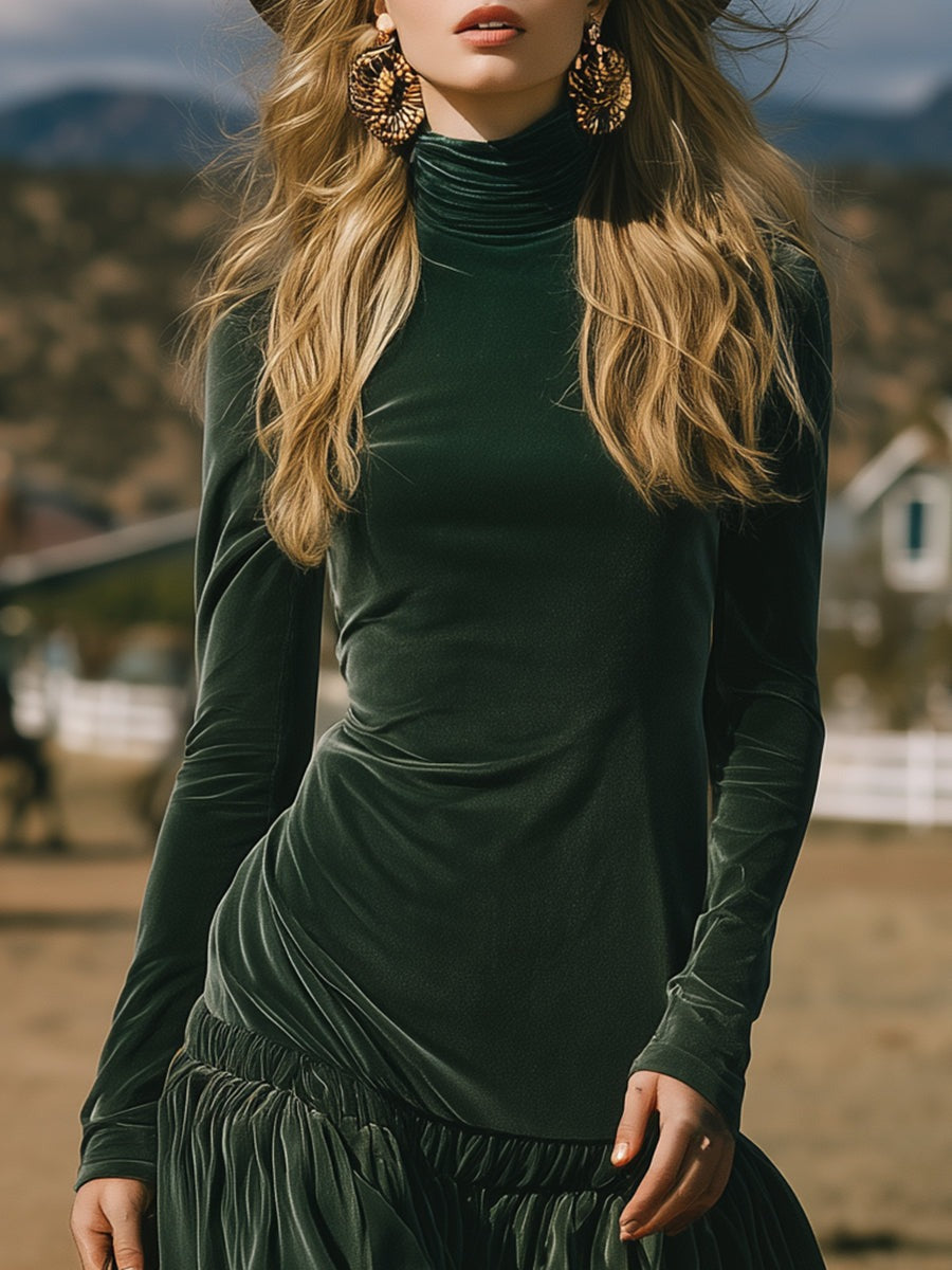 Romantic Western Ruffled High-Neck Green Velvet Maxi Dress