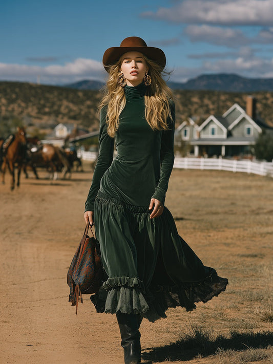 Romantic Western Ruffled High-Neck Green Velvet Maxi Dress