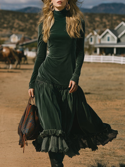 Romantic Western Ruffled High-Neck Green Velvet Maxi Dress