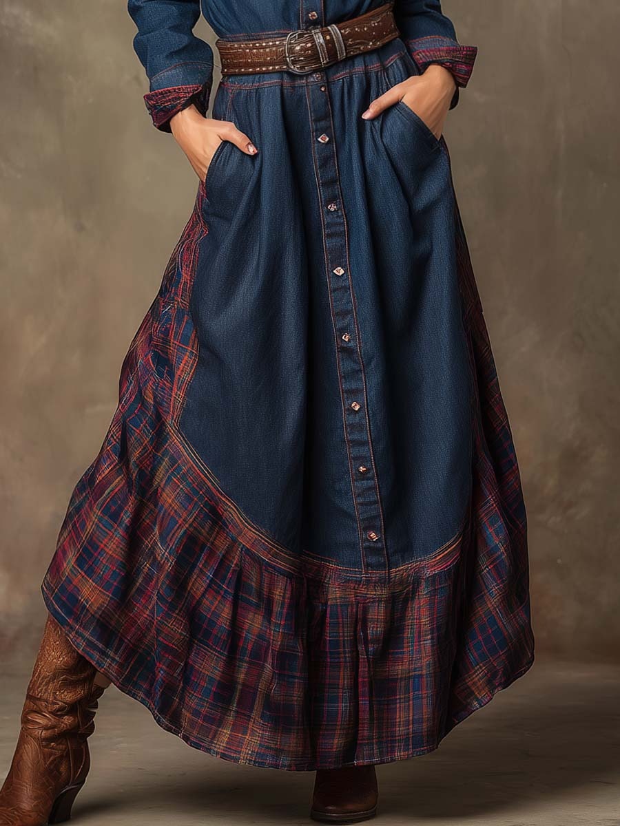 Vintage Western Ethnic Style Lapel Front Button Plaid Patchwork Denim Maxi Dress