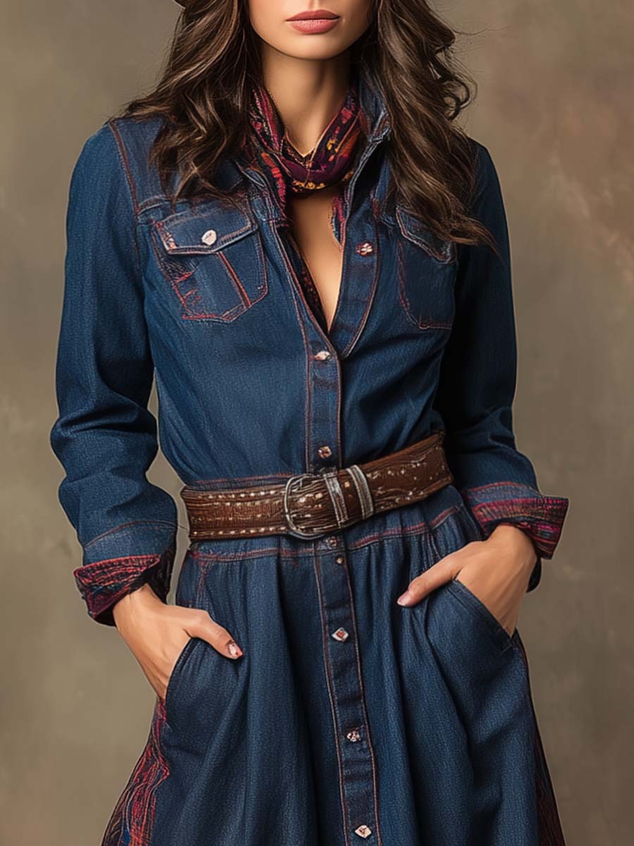 Vintage Western Ethnic Style Lapel Front Button Plaid Patchwork Denim Maxi Dress