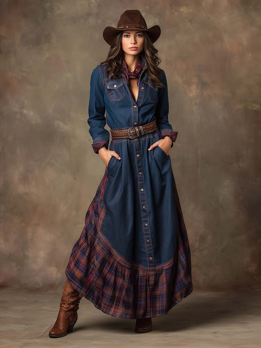 Vintage Western Ethnic Style Lapel Front Button Plaid Patchwork Denim Maxi Dress