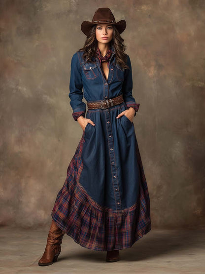 Vintage Western Ethnic Style Lapel Front Button Plaid Patchwork Denim Maxi Dress