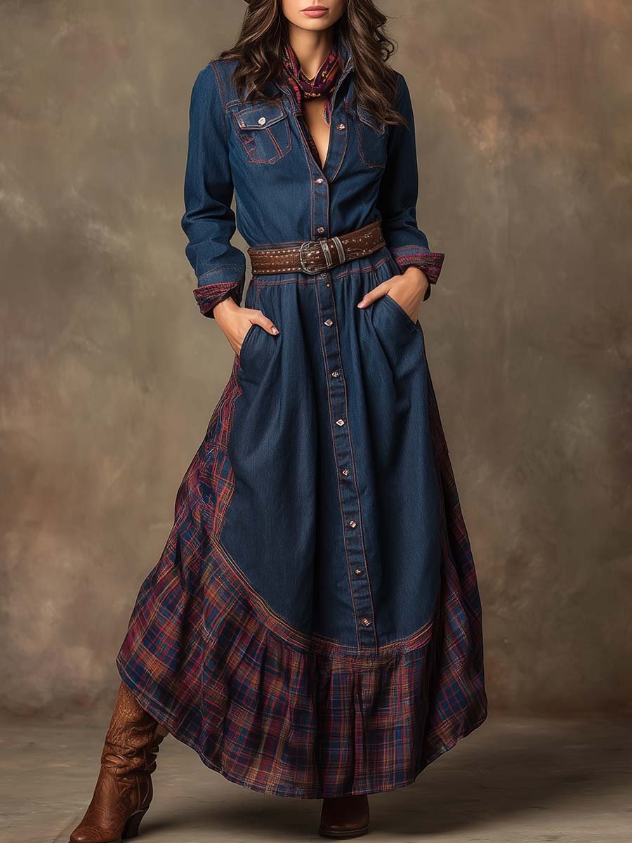 Vintage Western Ethnic Style Lapel Front Button Plaid Patchwork Denim Maxi Dress