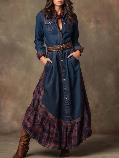 Vintage Western Ethnic Style Lapel Front Button Plaid Patchwork Denim Maxi Dress