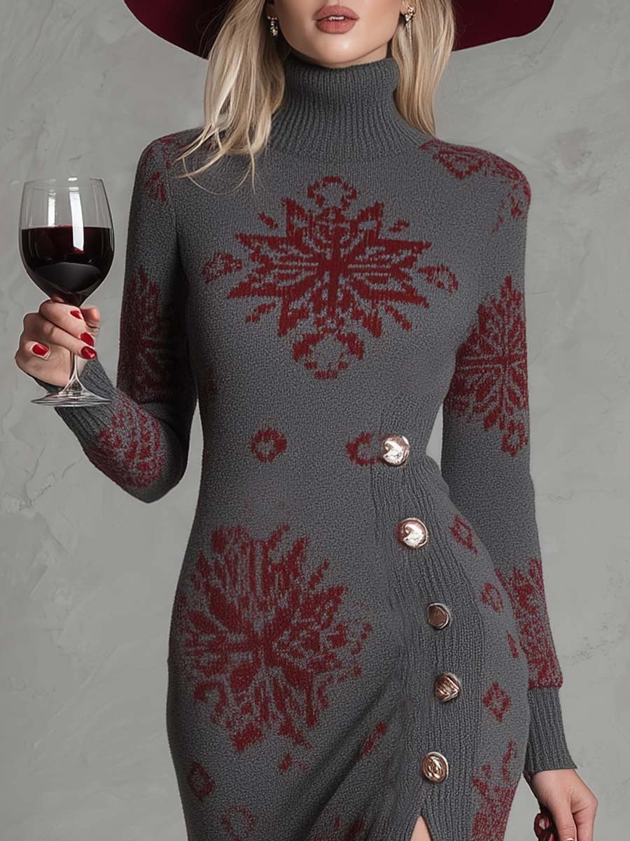 Elegant And Fashionable High-neck Snowflake Pattern Gray Knitted Side Slit Midi Dress