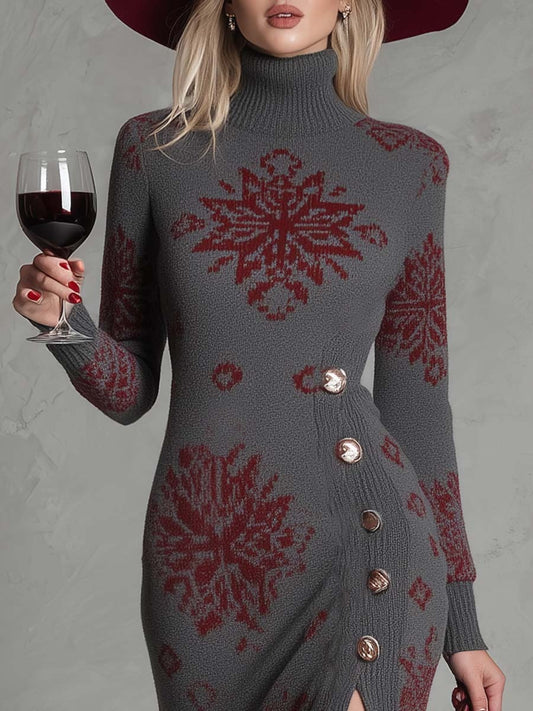 Elegant And Fashionable High-neck Snowflake Pattern Gray Knitted Side Slit Midi Dress