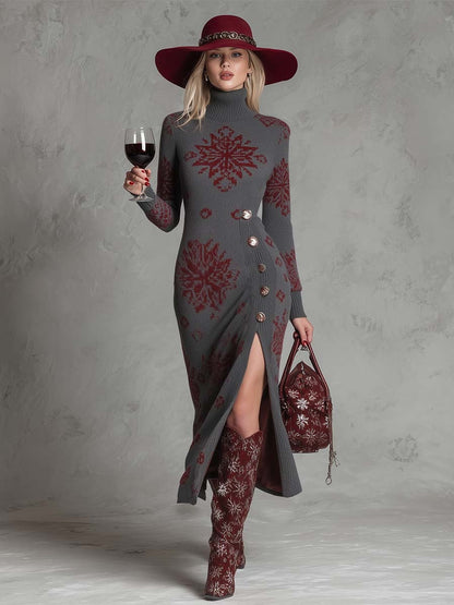Elegant And Fashionable High-neck Snowflake Pattern Gray Knitted Side Slit Midi Dress
