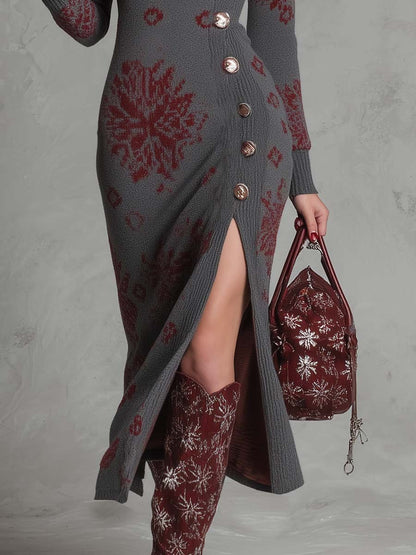 Elegant And Fashionable High-neck Snowflake Pattern Gray Knitted Side Slit Midi Dress