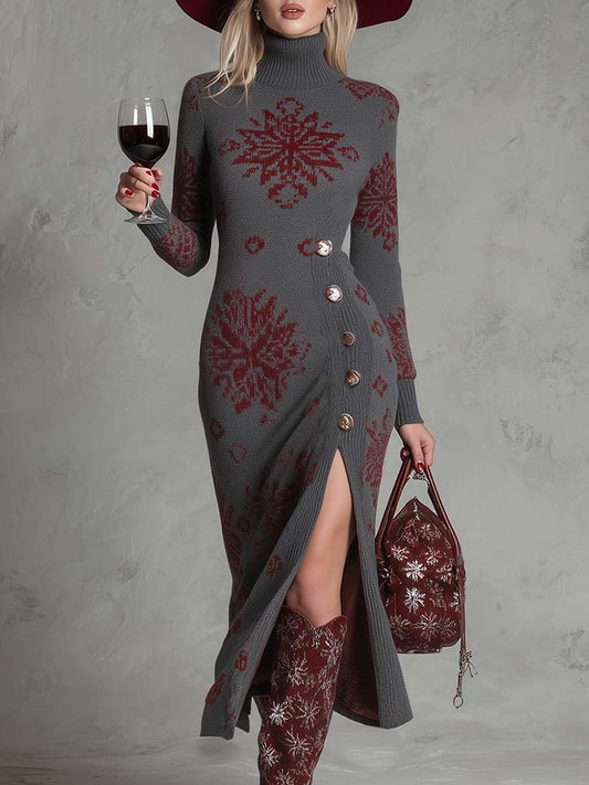 Elegant And Fashionable High-neck Snowflake Pattern Gray Knitted Side Slit Midi Dress