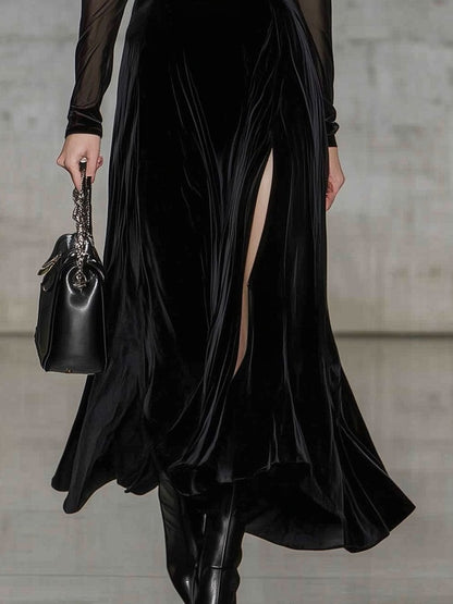 Vintage Black See-through Long-sleeved Velvet Maxi Dress
