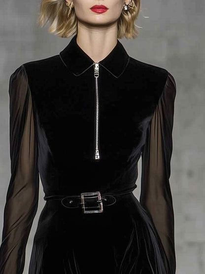 Vintage Black See-through Long-sleeved Velvet Maxi Dress