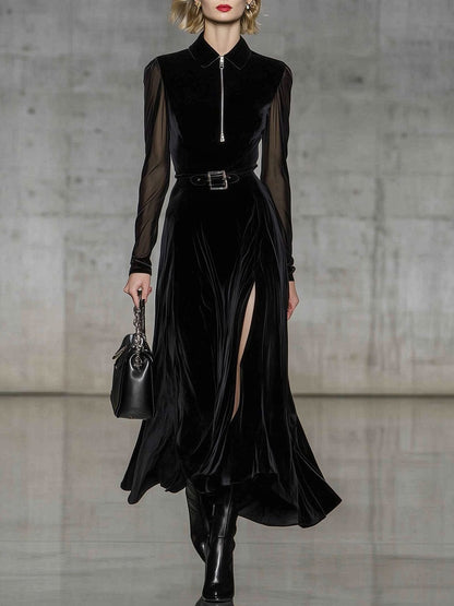 Vintage Black See-through Long-sleeved Velvet Maxi Dress