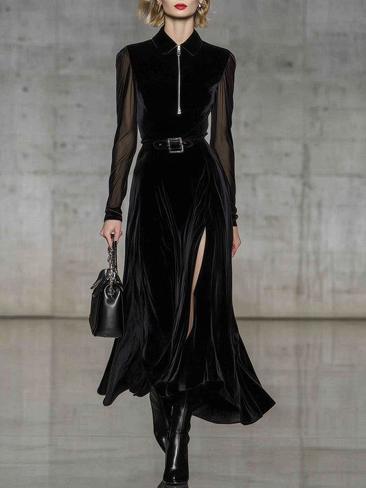 Vintage Black See-through Long-sleeved Velvet Maxi Dress