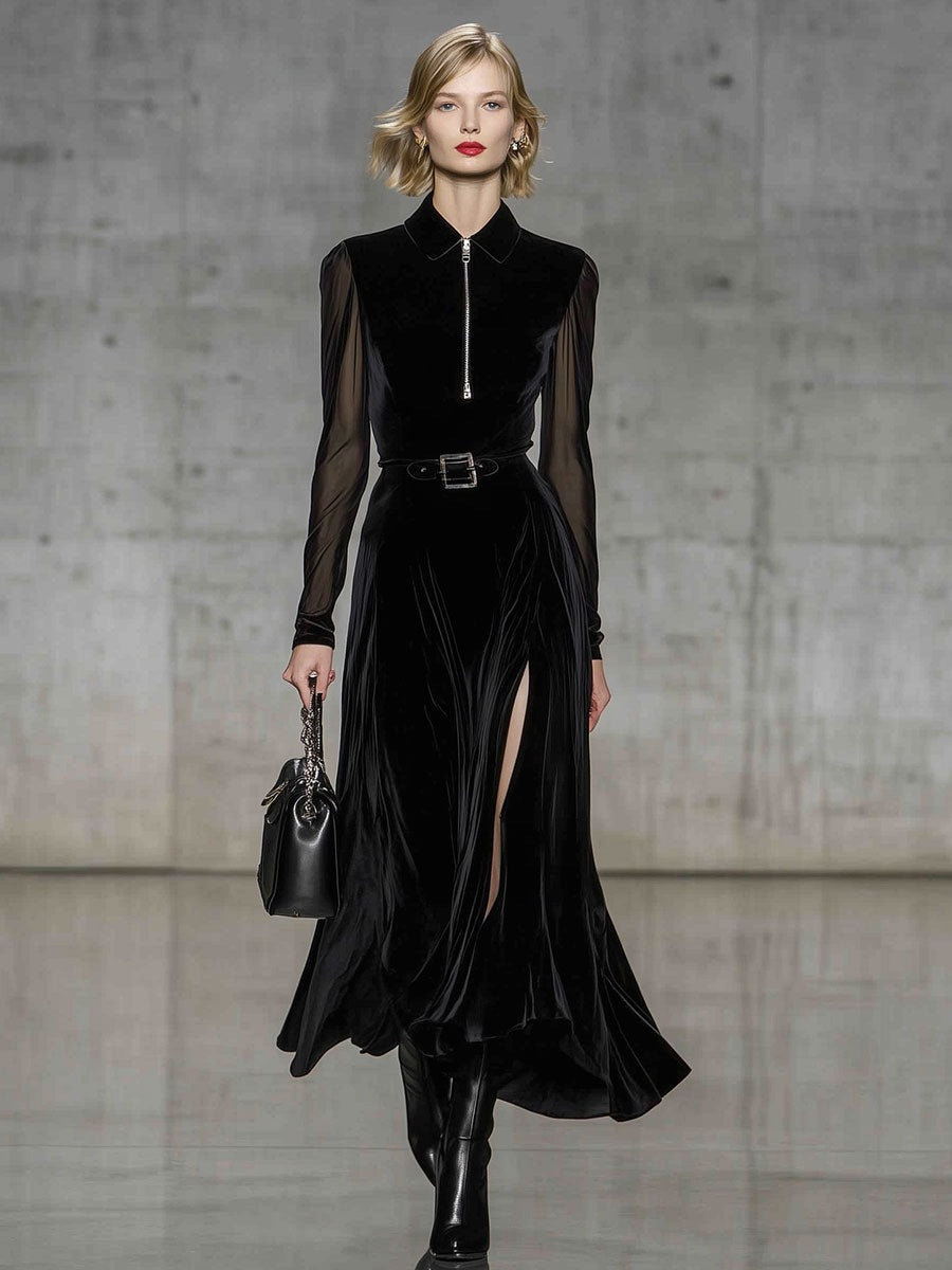 Vintage Black See-through Long-sleeved Velvet Maxi Dress