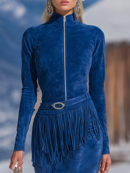 Vintage Casual Blue Faux Suede Zipper Tassel Midi Dress