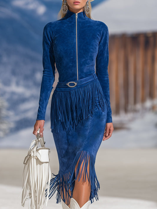 Vintage Casual Blue Faux Suede Zipper Tassel Midi Dress