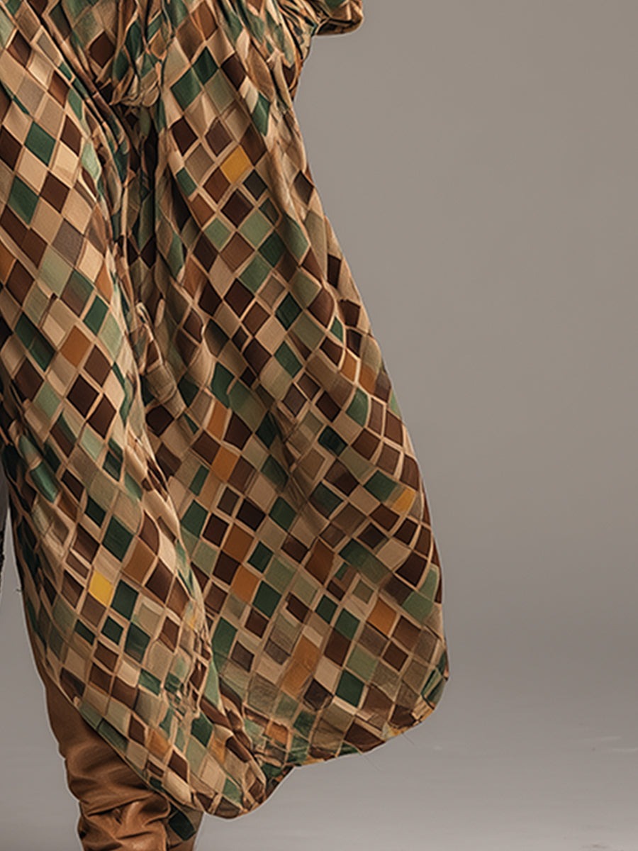 Retro Classic Brown And Green Diamond Check Print Lapel Velvet Maxi Dress