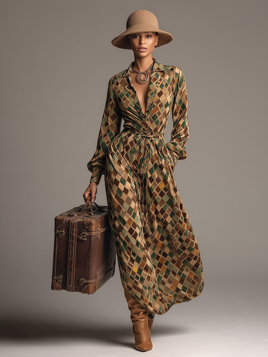 Retro Classic Brown And Green Diamond Check Print Lapel Velvet Maxi Dress