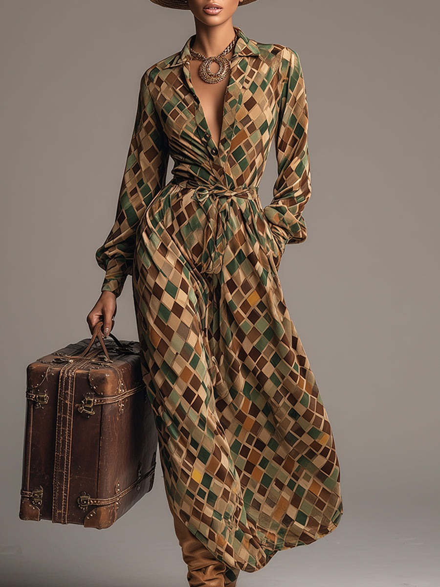 Retro Classic Brown And Green Diamond Check Print Lapel Velvet Maxi Dress