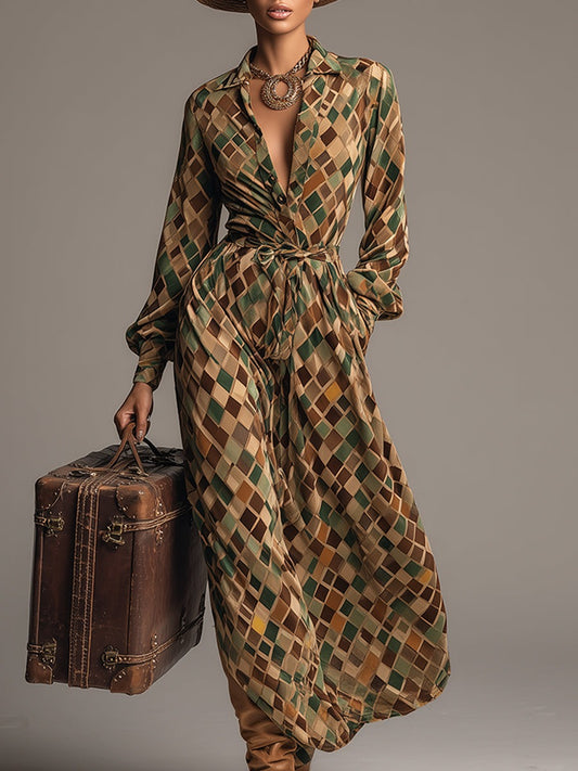 Retro Classic Brown And Green Diamond Check Print Lapel Velvet Maxi Dress