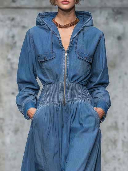 Retro Western Blue Denim Hooded Midi Dress