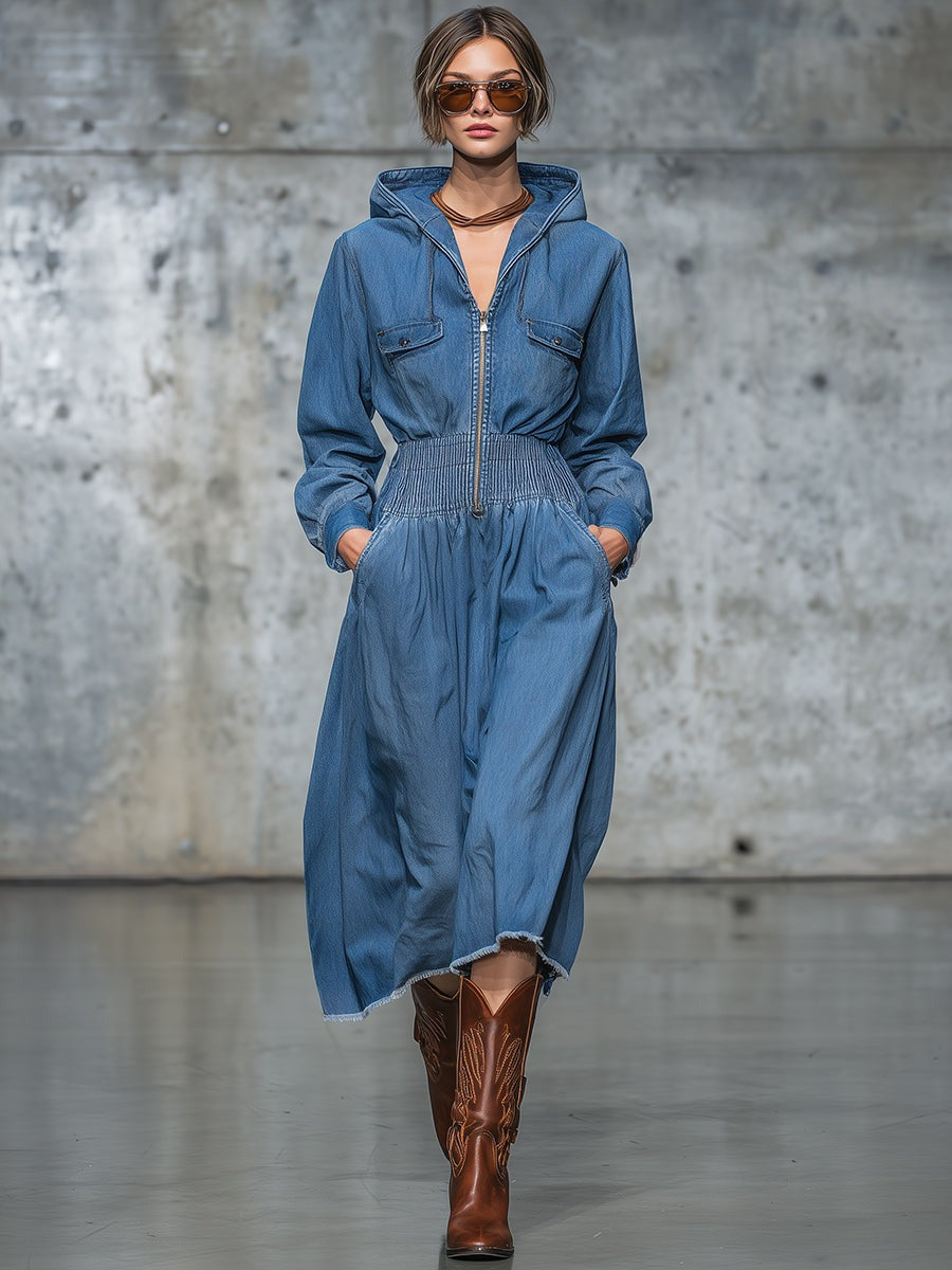 Retro Western Blue Denim Hooded Midi Dress