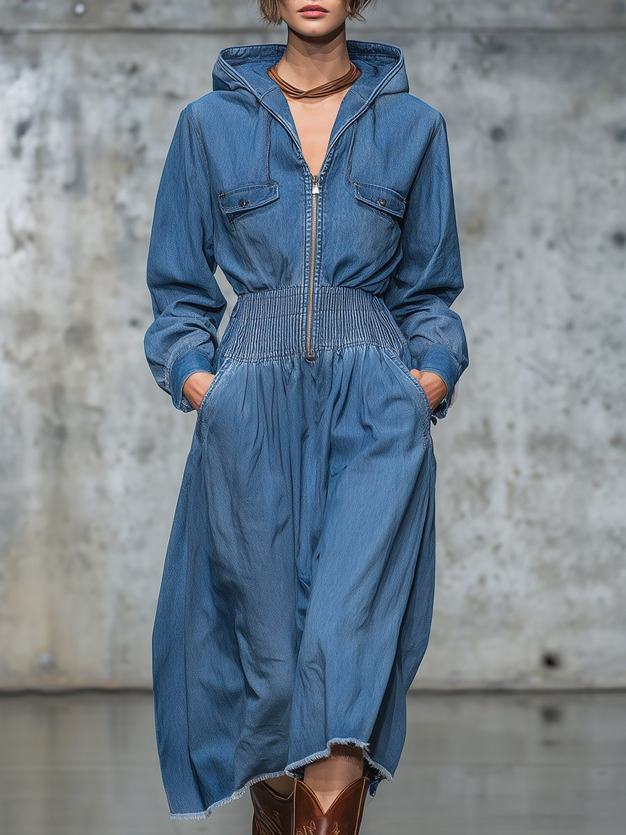 Retro Western Blue Denim Hooded Midi Dress