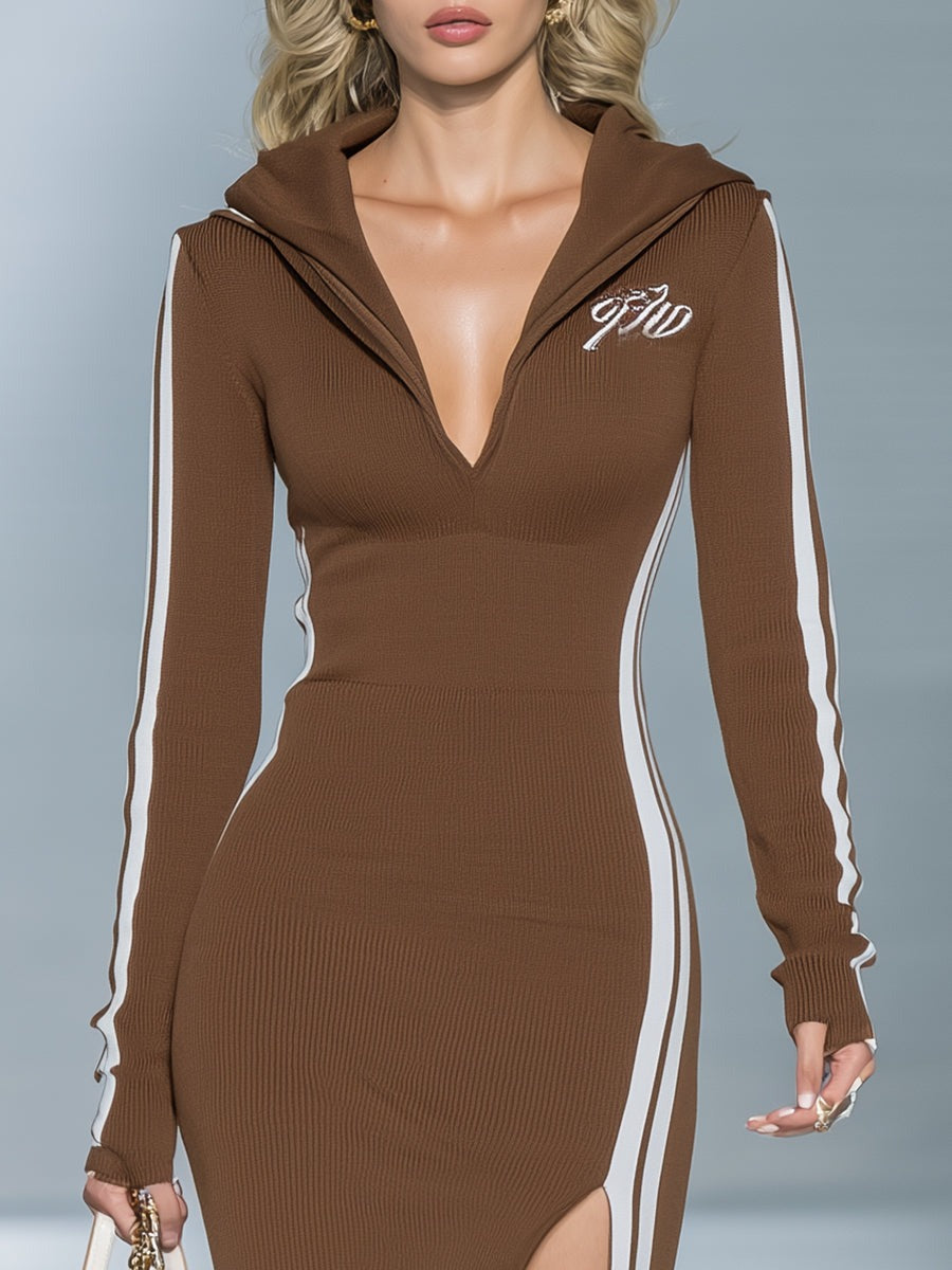 Retro Casual White Striped V-neck Brown Slit Hooded Midi Dress
