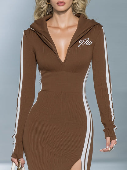 Retro Casual White Striped V-neck Brown Slit Hooded Midi Dress