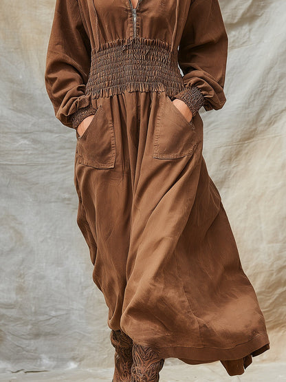 Retro Western Brown Denim Hooded Maxi Dress