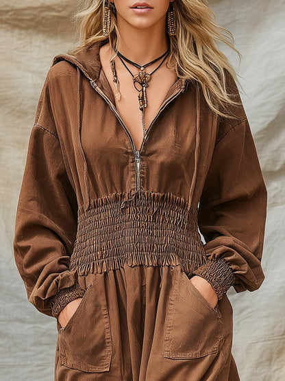 Retro Western Brown Denim Hooded Maxi Dress