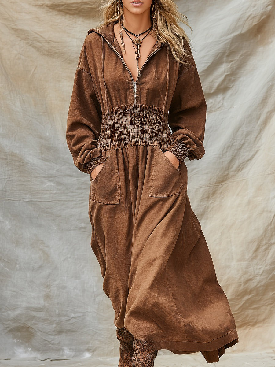 Retro Western Brown Denim Hooded Maxi Dress
