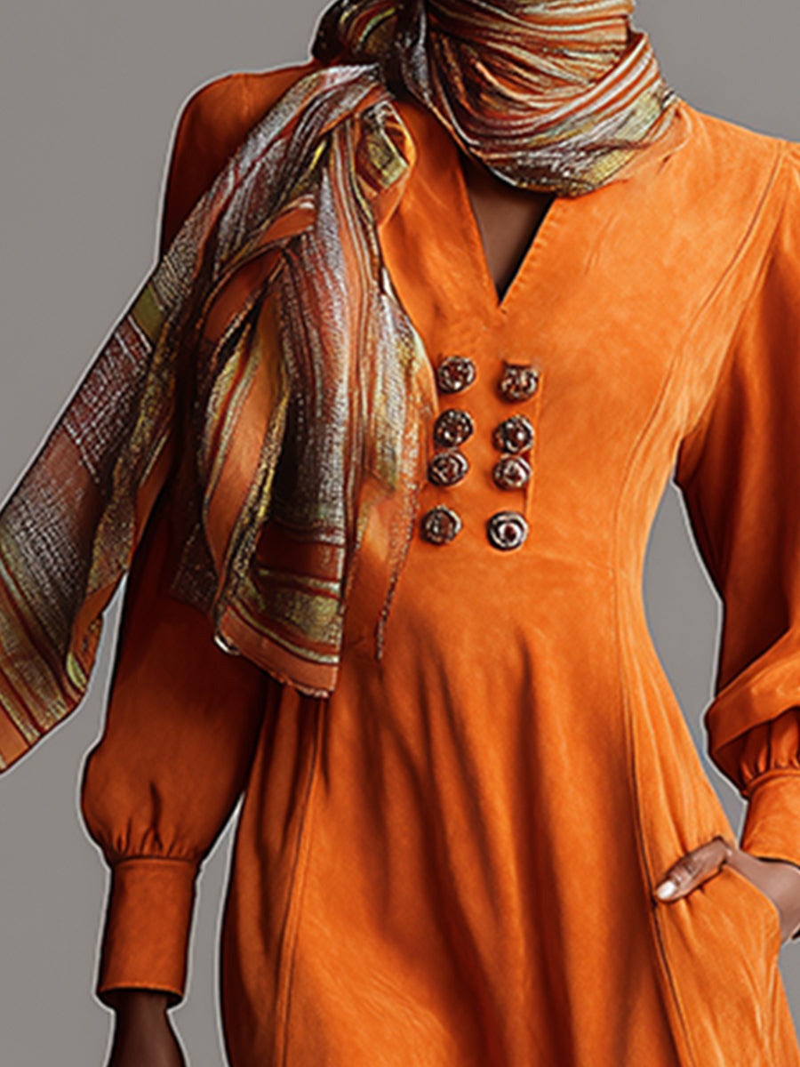 Fashionable Urban V-neck Orange Faux Suede Midi Dress